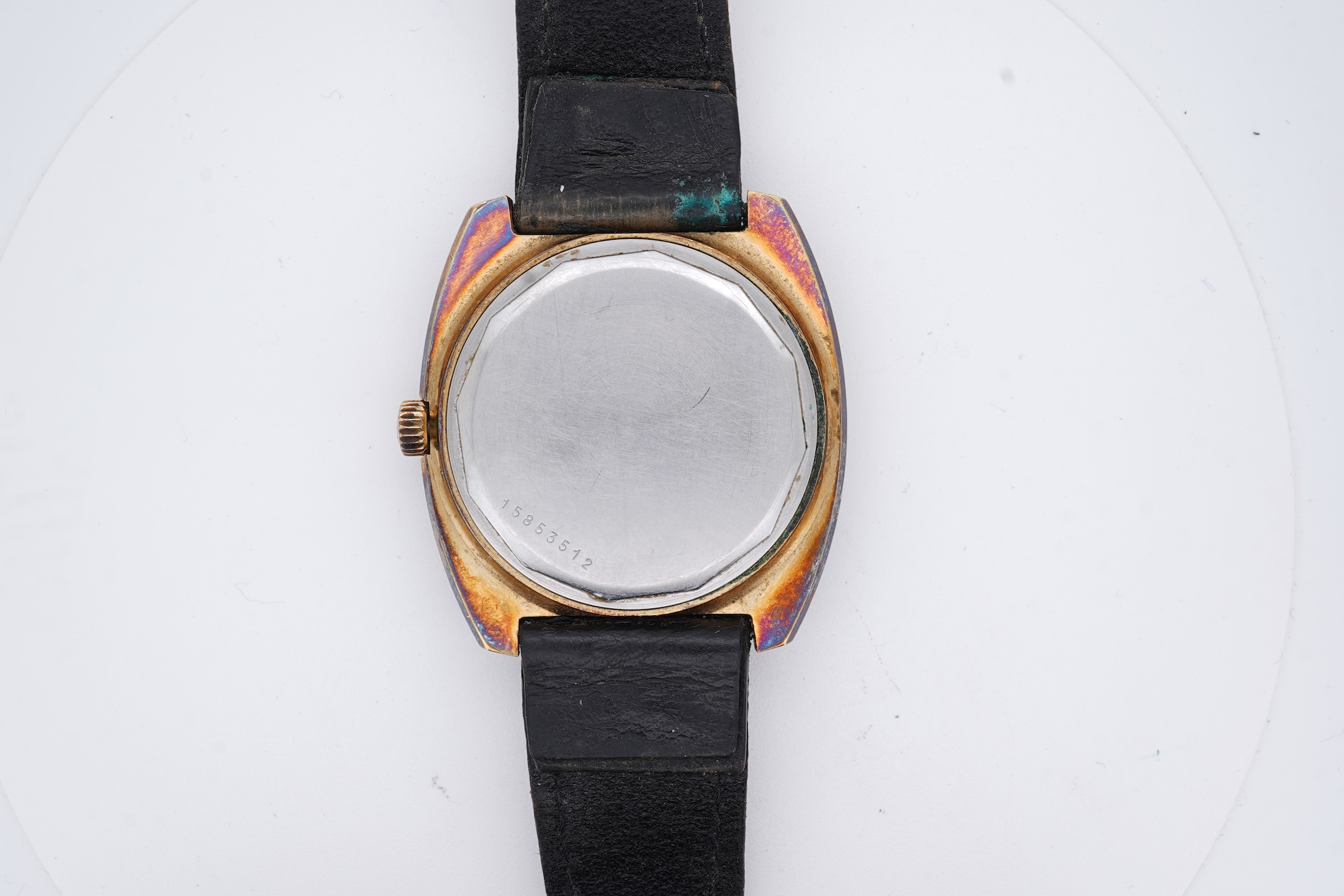 A gentleman's circa 1970'sstell and gilt Longines Ultronic quartz wrist watch, with block numerals and date aperture, movement c. 6312, case diameter 40mm, on an associated leather strap, np box or papers.
